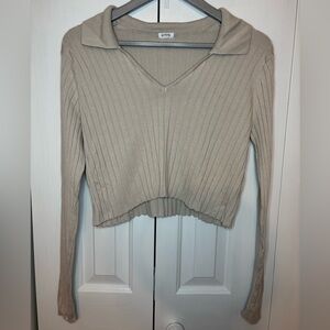 Garage Ribbed Taupe V-Neck Long Sleeve Top